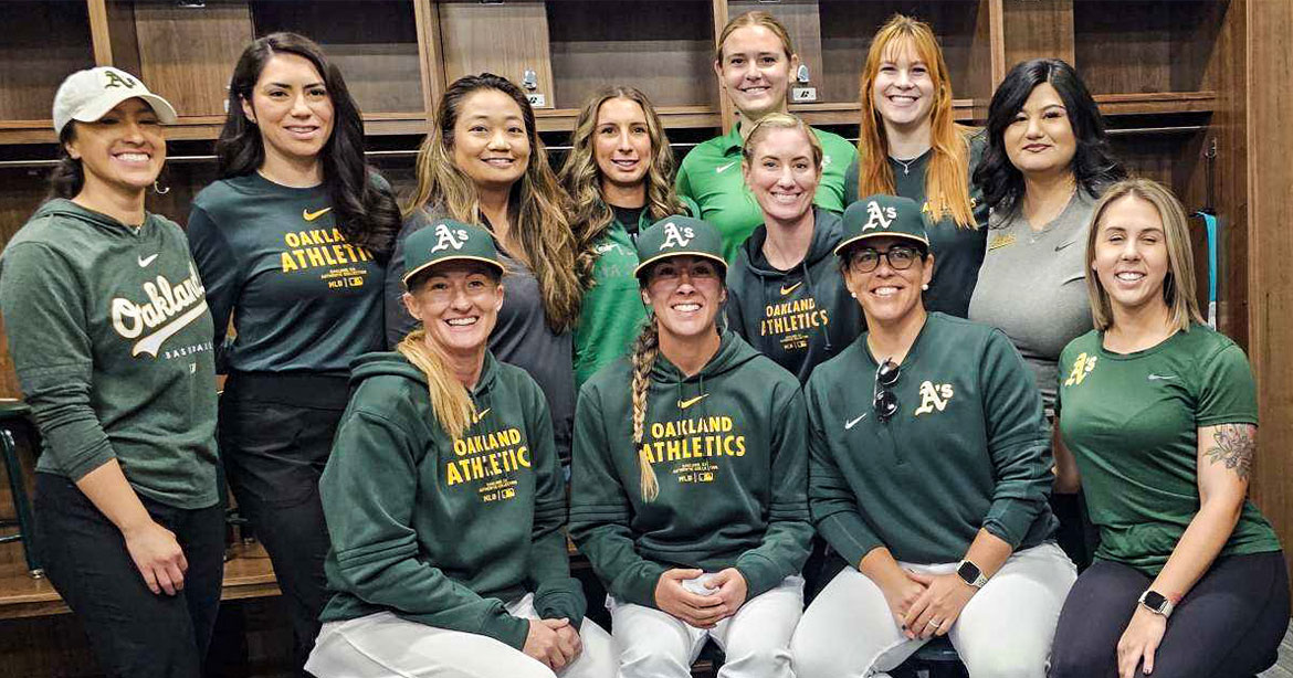 Oakland Athletics group of women in locker room